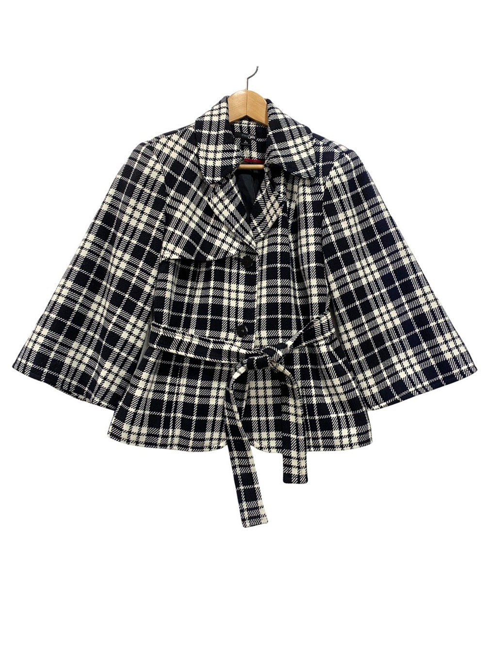 East 5th Black & White Plaid Cape Coat Bell Flare Sleeve Belted Jacket L
